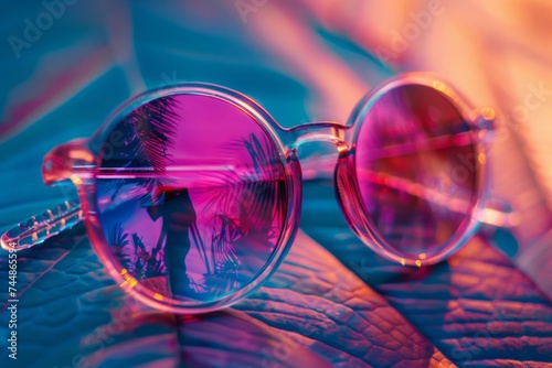 trendy magenta sunglasses on blurred palm leaf. Summer vibes and leisure concept © Miss V