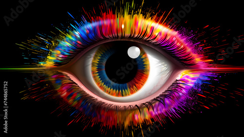 Human eye animation concept with rainbow membrane, rainbow lines after flash spreading out from bright white circles