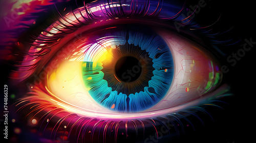 Human eye animation concept with rainbow membrane, rainbow lines after flash spreading out from bright white circles