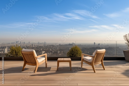 Wooden chairs on a deck with a cityscape in the background.
