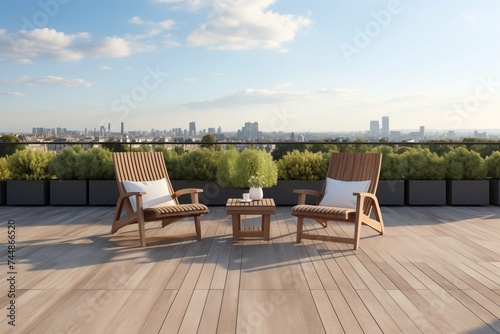 City view from wooden deck with two lounge chairs.