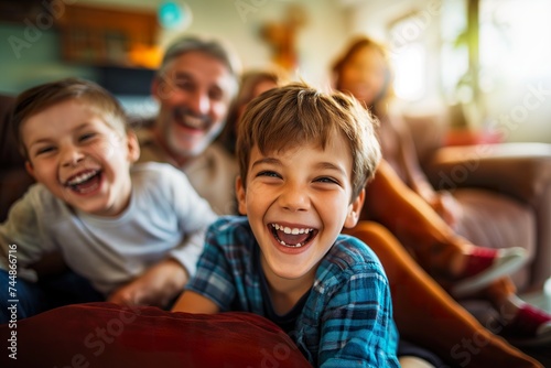 A cheerful boy, parents, and grandmother sitting together on a sofa. © Joaquin Corbalan