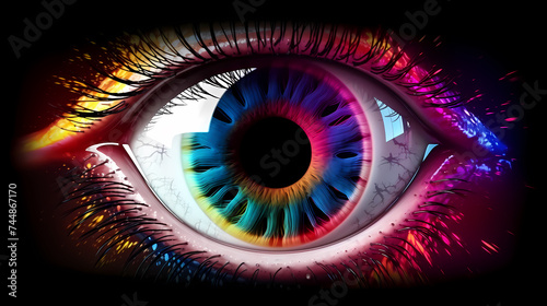 Human eye animation concept with rainbow membrane, rainbow lines after flash spreading out from bright white circles