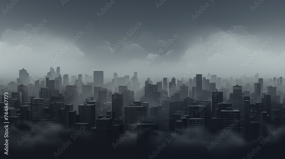 Fototapeta premium Gloomy dark background of the night city, cloudy urban scene in black and white tones. Rain and fog, heavy clouds. Minimalistic city skyline silhouette.