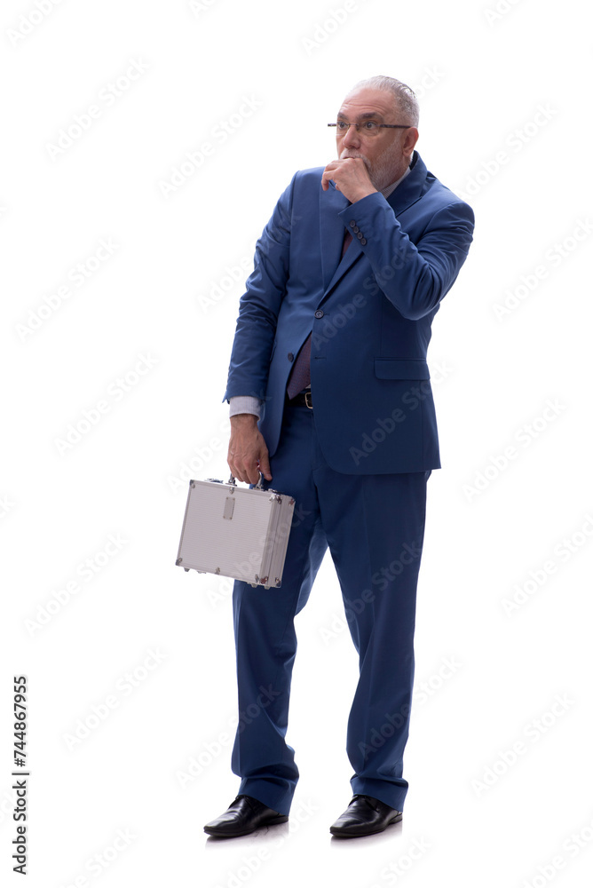 Old businessman holding case isolated on white