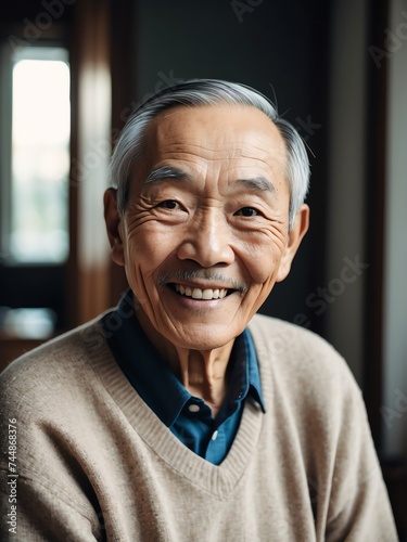 Happy elderly asian man at home looking at the camera from Generative AI