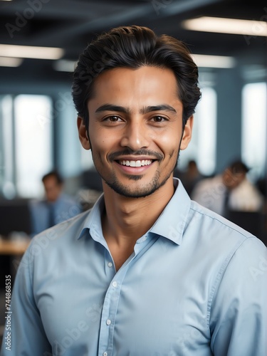 Portrait of a confident immigrant professional worker in office environment background smiling at camera from Generative AI