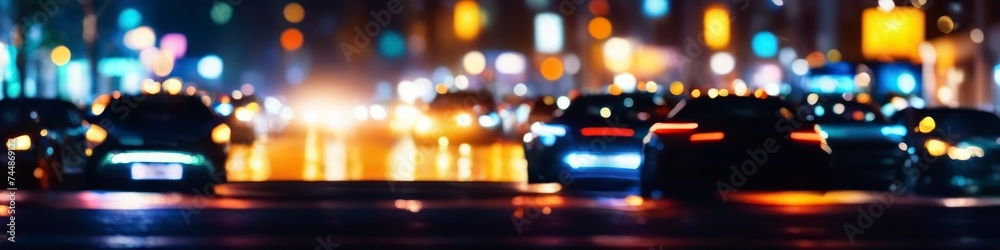 Abstract colorful colorful illustration of night city with cars, blurred bokeh background for social media banner, website and for your design, space for text
