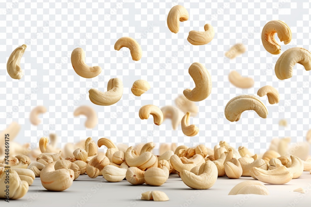 Falling cashew nuts isolated on transparent or white background, png - obrazy, fototapety, plakaty 