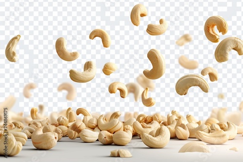 Falling cashew nuts isolated on transparent or white background, png photo