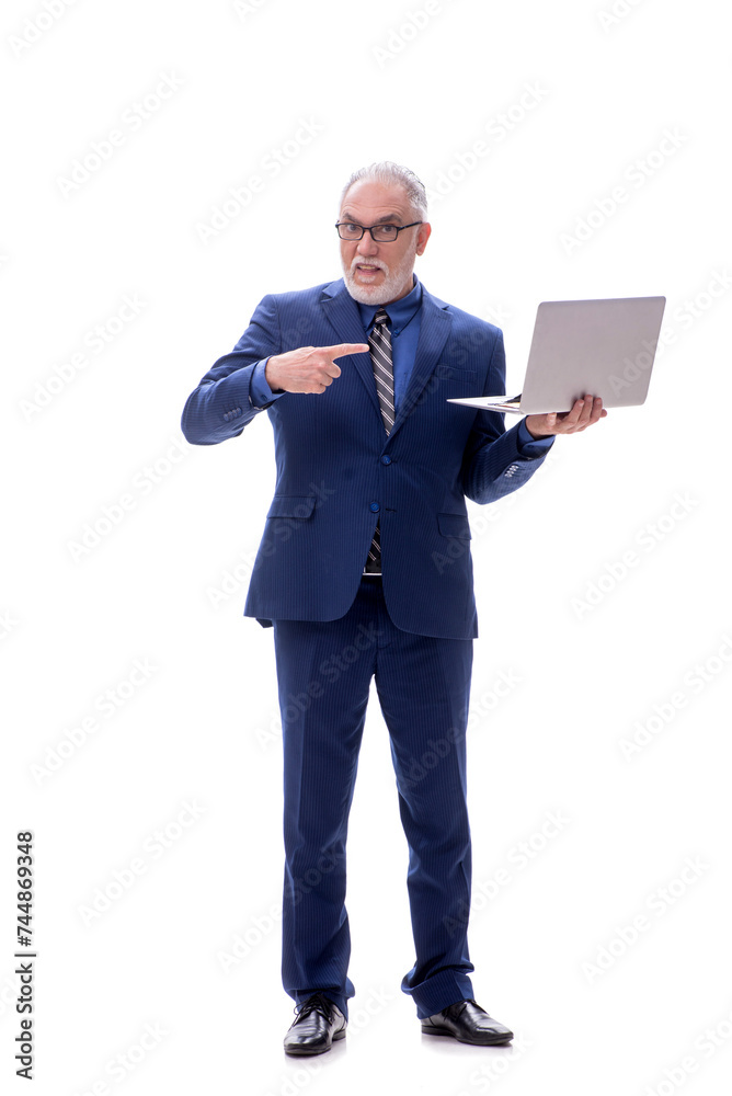 Old businessman holding laptop isolated on white Old businessman holding laptop isolated on white
