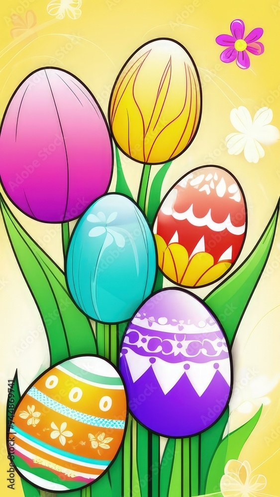 Holiday celebration banner with colorful tulips, spring flowers and colorful decorated Easter eggs on light background. Happy Easter greeting card, banner, festive background. Close up, Copy space.