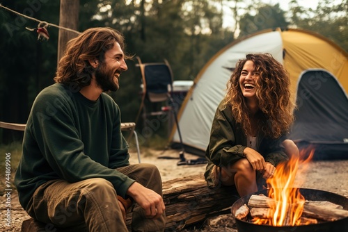 happy young couple travel camping smiling man and woman fair hair and dark hair beard red shirt on nature vacation