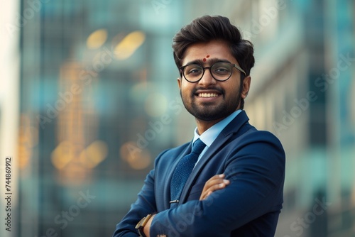 Happy confident wealthy young indian business man leader, successful eastern professional businessman crossing arms looking at camera posing outdoors in urban big city for close up headshot portrait