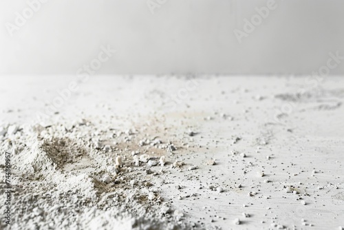 House dust on white floor. House Dust Mite and Home cleaning concept, Copy free space on left