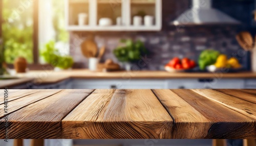 Wooden table in front of a softly blurred kitchen bench