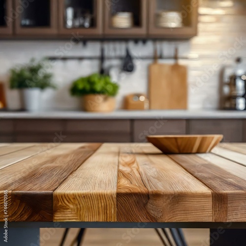 Blurred kitchen background with a wooden table in the foreground