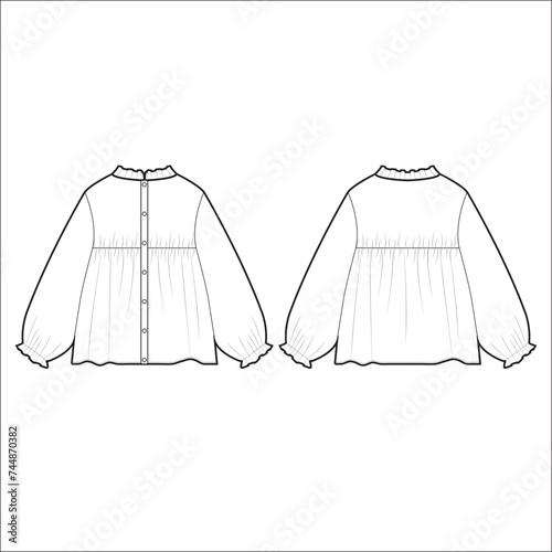 Vector long sleeved blouse fashion CAD, woman v neck dropped shoulders top with lace detail technical drawing, template, flat, sketch. Jersey or woven fabric blouse with front, back view, white color