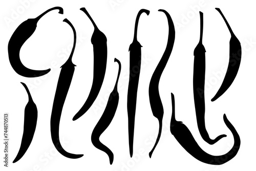 Set of silhouettes,doodles of hot chili pepper pods.Vector graphics.