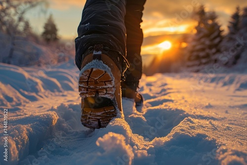 Les semelles de chaussures d'une personne marchant sur une route couverte de neige fondante, ?(C)clair?(C)e par le soleil hivernal. photo