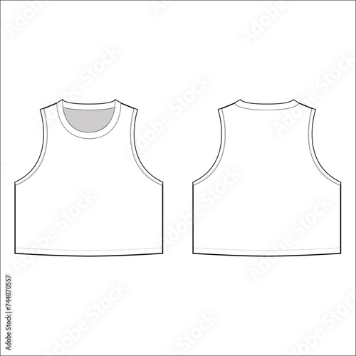 Women Ribbed sleeveless Lettuce hem Crop Top round neck vest tank top t shirt blouse flat sketch technical drawing template design vector