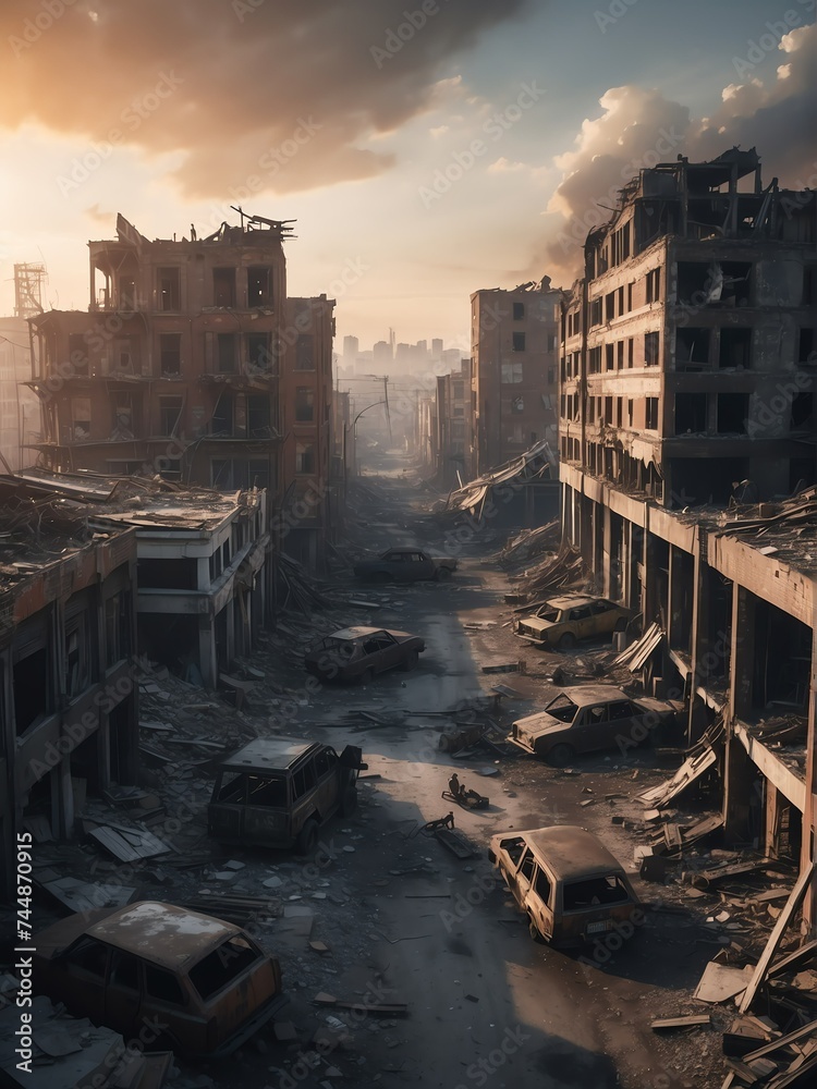 A destroyed apocalyptic city post apocalypse after a world war at sunset from Generative AI
