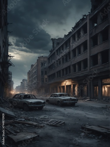 A destroyed apocalyptic city post apocalypse after a world war at night from Generative AI
