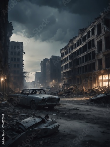 A destroyed apocalyptic city post apocalypse after a world war at night from Generative AI © sevenSkies