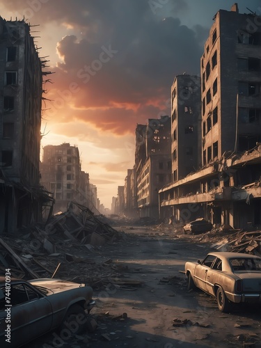 A destroyed apocalyptic city post apocalypse after a world war at sunset from Generative AI