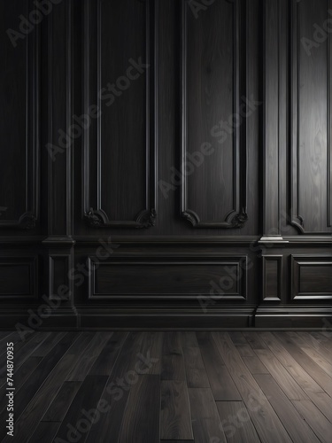 Crafted black wood paneling wall and floor with a classic premium vintage luxury texture on a frame and column pattern from Generative AI