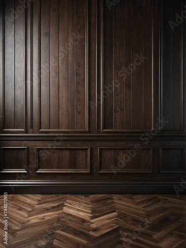 Crafted dark wood paneling wall and floor with a classic premium vintage luxury texture on a frame and column pattern from Generative AI