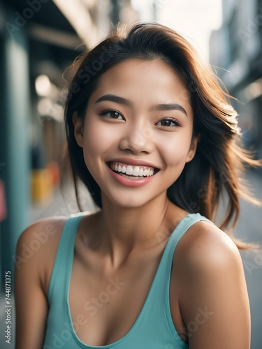 Young filipina woman with a radiant smile showcasing healthy, flawless teeth, symbolizing dental wellness from Generative AI