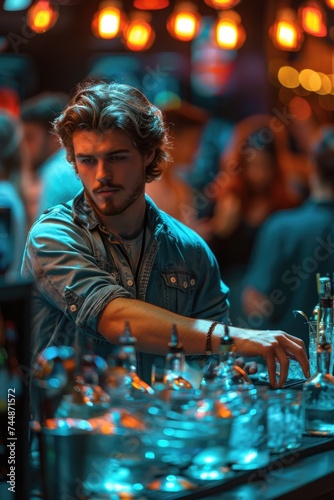 A man is standing at a bar surrounded by numerous glasses.