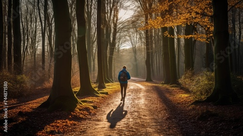 Man is jogging through the forest