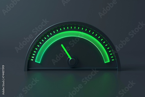 Minimal cartoon arrow point credit scale speed low status green speedometer icon performance, pointer rating risk levels, meter, tachometer on isolated background. 3d render photo