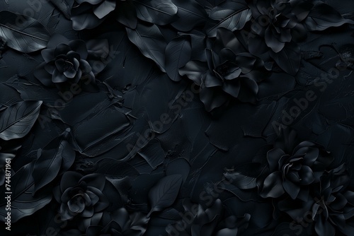 Abstract dark background with black leaves and branches.