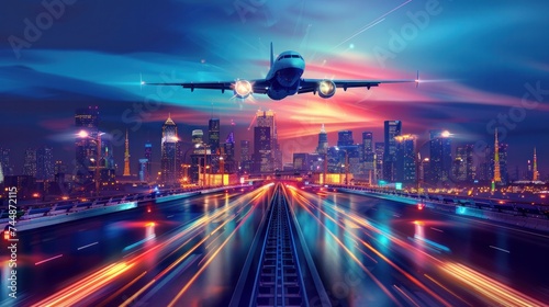 A vector design art depicting an urban scene with an automobile highway, infrastructure, and transportation panorama. The illustration includes an airplane flying, a train in motion, a night cityscape © Orxan
