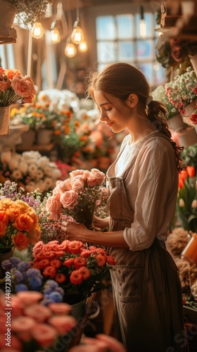 Woman standing in a flower shop, holding a bunch of flowers.