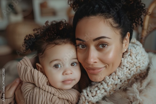 close up portrait of a young mother and daughter face, wearing neutral colours warm with bright and sitting in a simple luxury living room in springtime. generative AI © yj