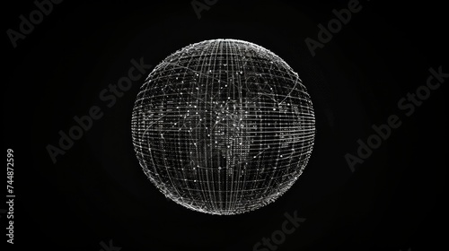 A visualization of big data in a wireframe sphere, accompanied by text. This design represents science and technology, emphasizing digital data analysis © Orxan