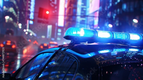 A blue light flasher atop a police car, set against a background of city lights.