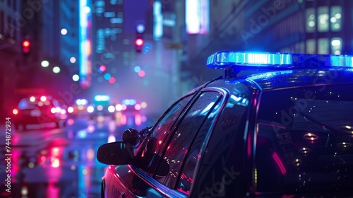 A blue light flasher atop a police car, set against a background of city lights.