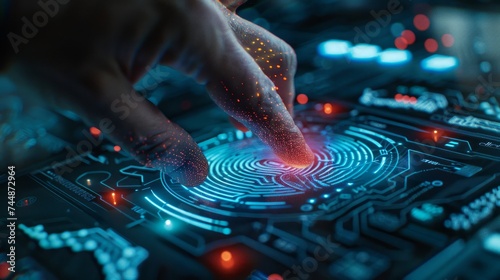 A businessman scans a fingerprint for identity verification and approval, representing the future of security through biometrics in a cybernetic business environment