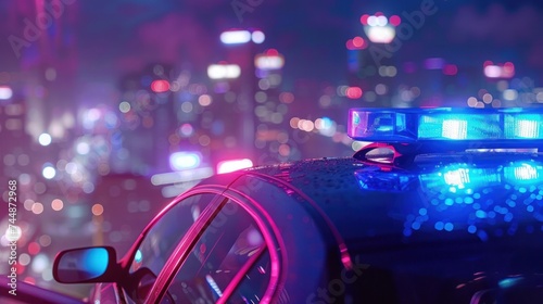 A blue light flasher atop a police car, set against a background of city lights. © Orxan