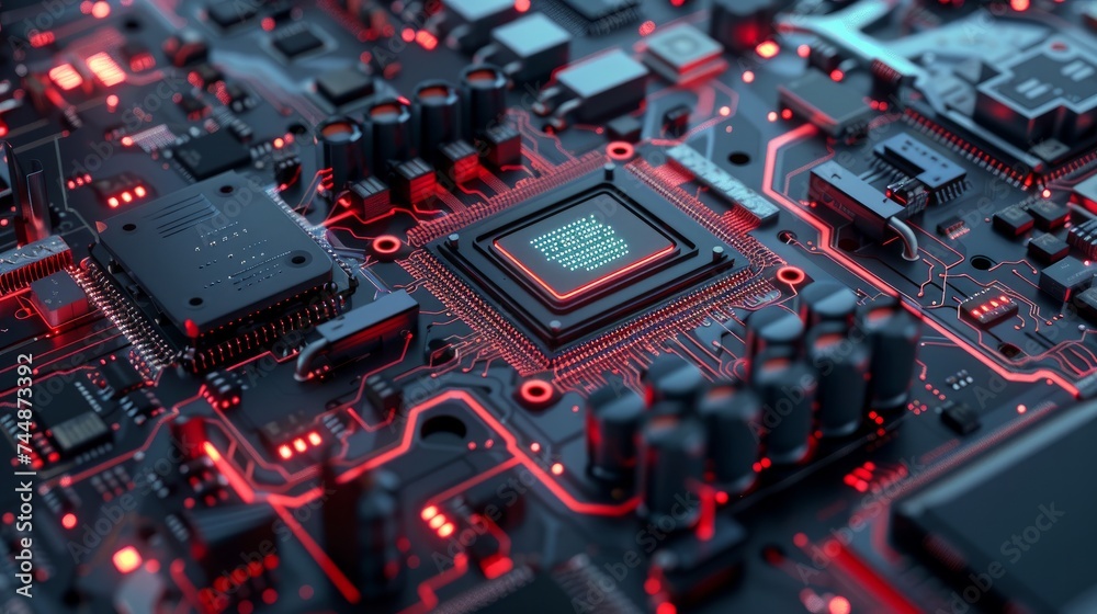 A computer CPU chip processes data on a motherboard, representing electronic microchip technology. Abstract tech concept banner covers themes such as blockchain, fintech, and artificial intelligence A computer CPU chip processes data on a motherboard, representing electronic microchip technology. Abstract tech concept banner covers themes such as blockchain, fintech, and artificial intelligence