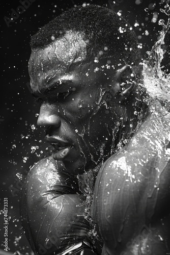 A man covering his face in water, creating a striking image. © Vitalii But