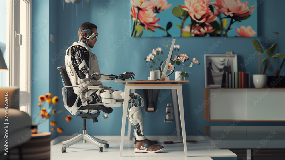 A man with robotic parts sitting at the desk.