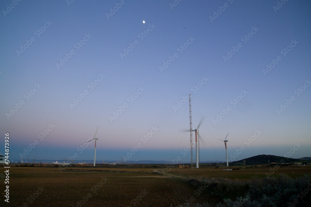 wind turbines farm, Pale eoliche. Stintino, Fiume Santo. SS. Sardegna. Italia