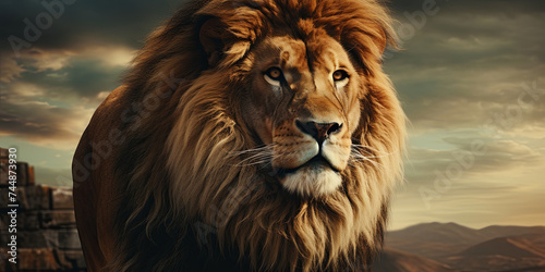 A majestic lion, mane flowing, standing proudly against a backdrop of golden rays, exuding stren © JVLMediaUHD
