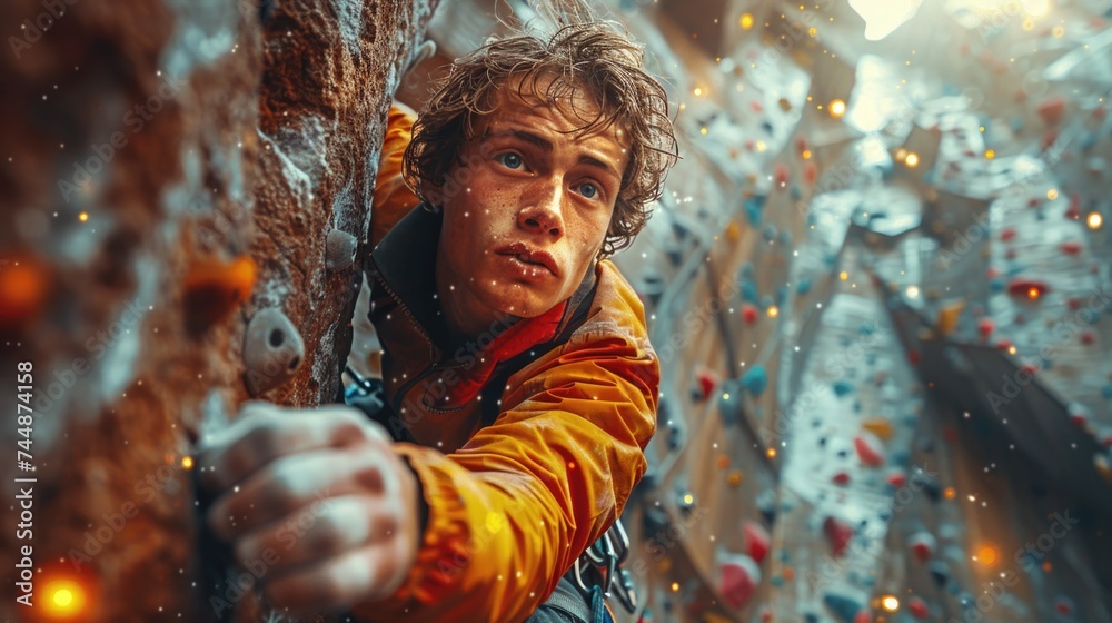 A man scaling the rugged side of a mountain with determination and skill. A man scaling the rugged side of a mountain with determination and skill.